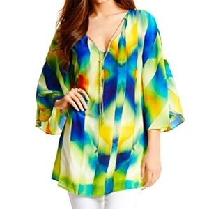 Marciano La Vista Tunic Size S Blue Yellow Beach Vacation Silk Gold Summer